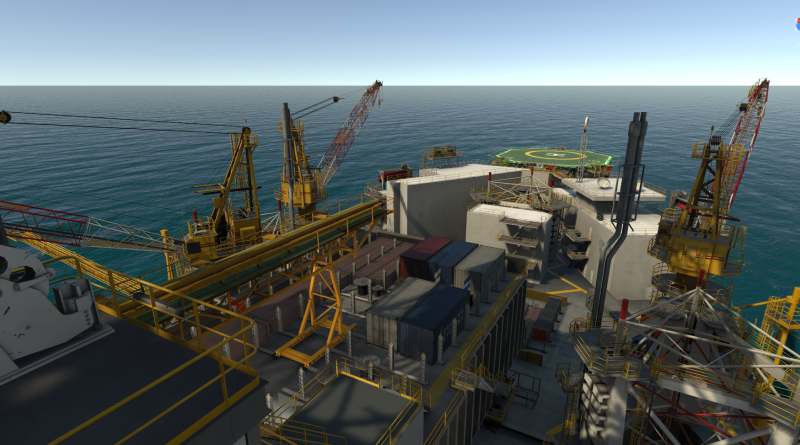 A screenshot of the 3D graphic view of a jack up rig on a Drilling Systems DrillSIM simulator